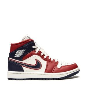 Jordan Women’s Mid 1 High-Top Sneakers in Red, White & Navy